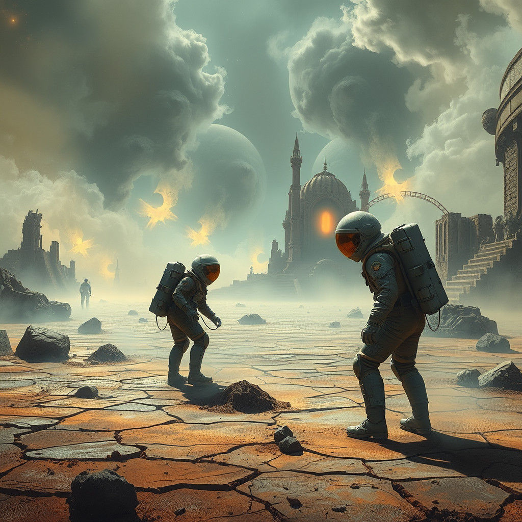 Astronauts Explore Abandoned Spaceport in Ethereal Mist