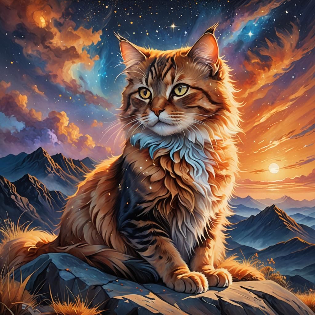 Australian Mist Cat on Mountain Top: Fantasy Oil Painting