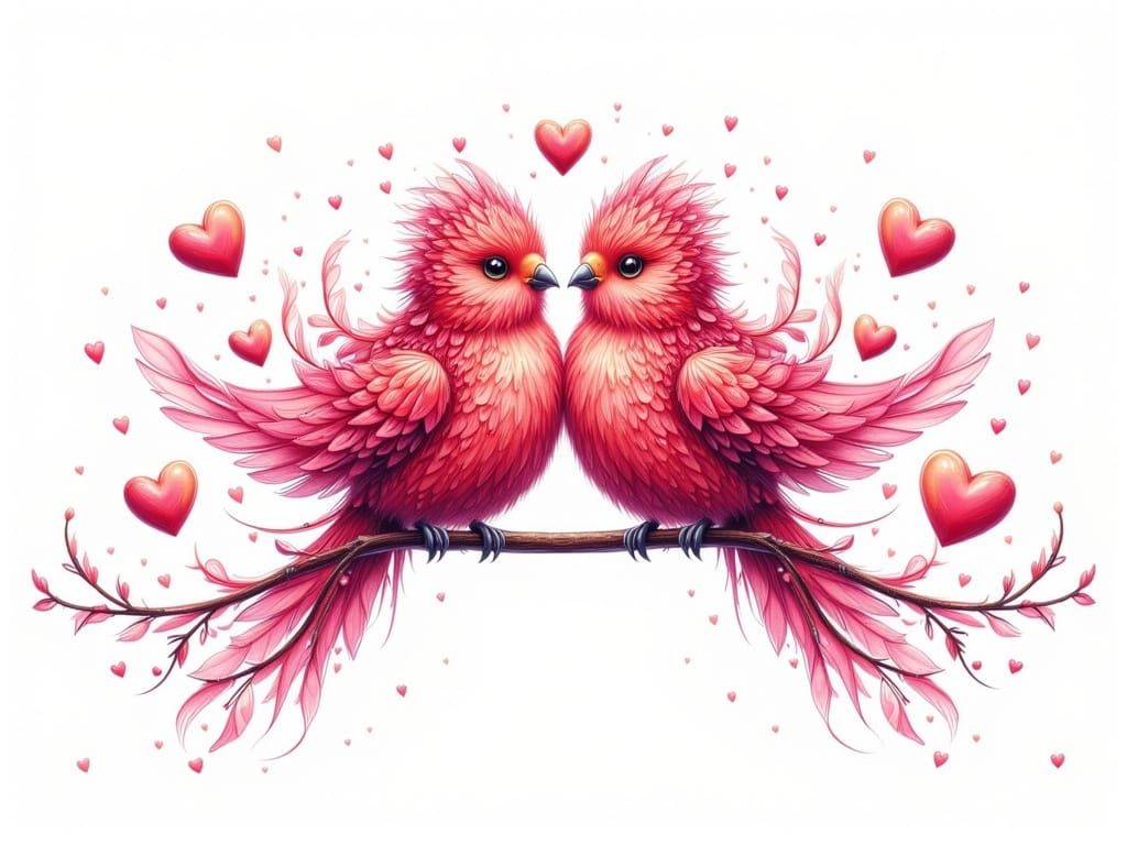 Whimsical Valentine Lovebirds with Heart Feathers
