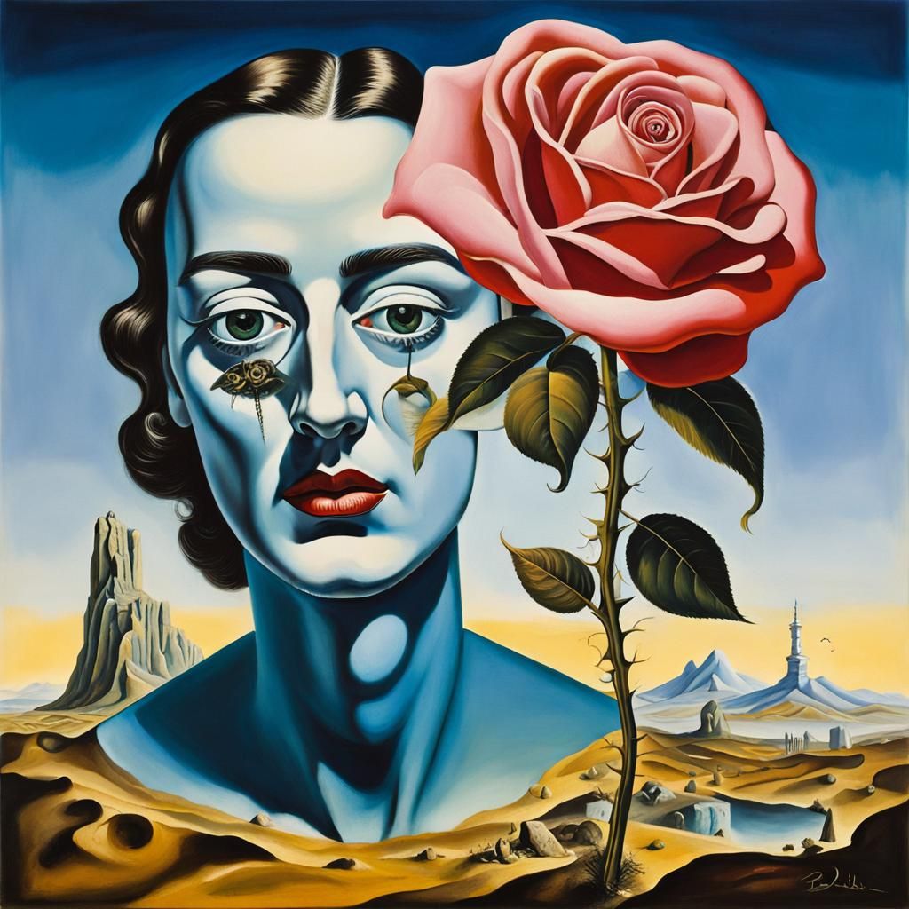 Surreal Woman with Rose Head in Dalí Style