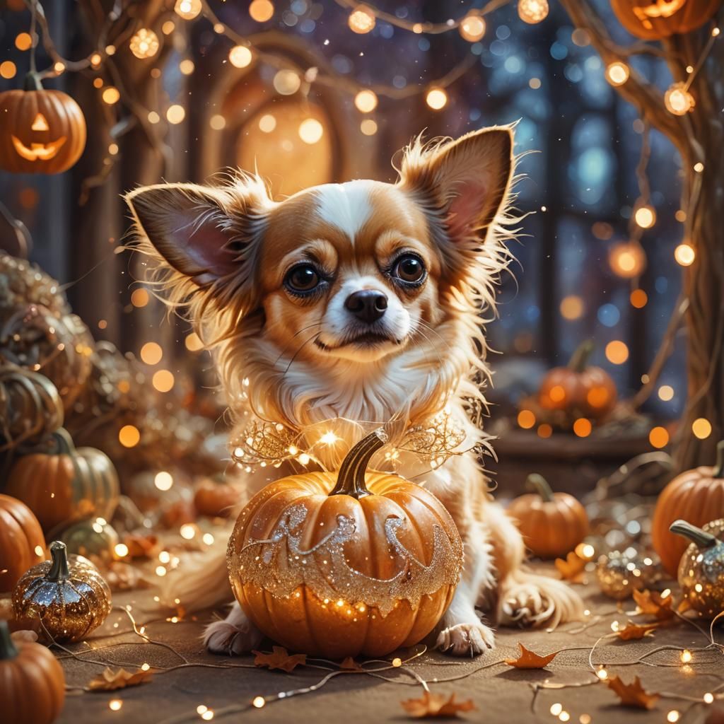 Chihuahua with Pumpkin in Mystical Autumn Scene