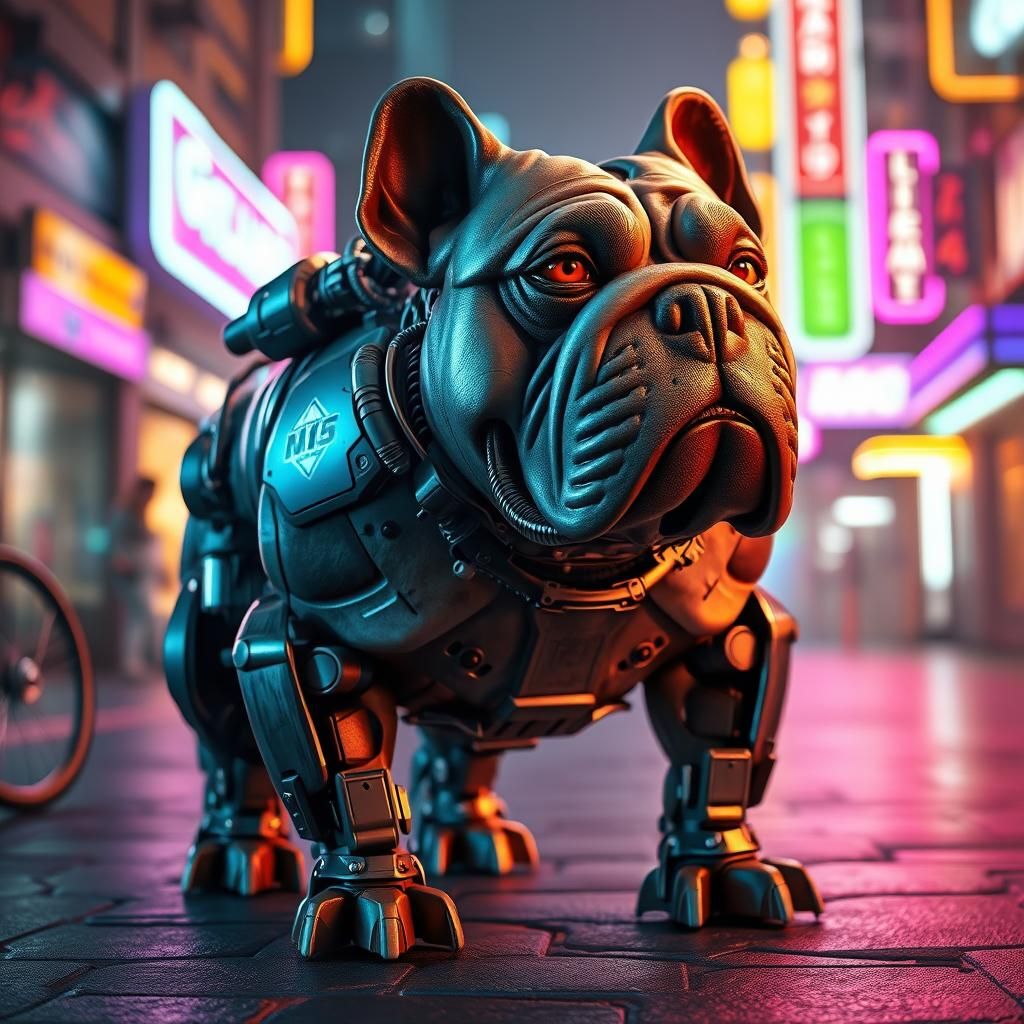 Cyberpunk Mechanized Bulldog in Futuristic City