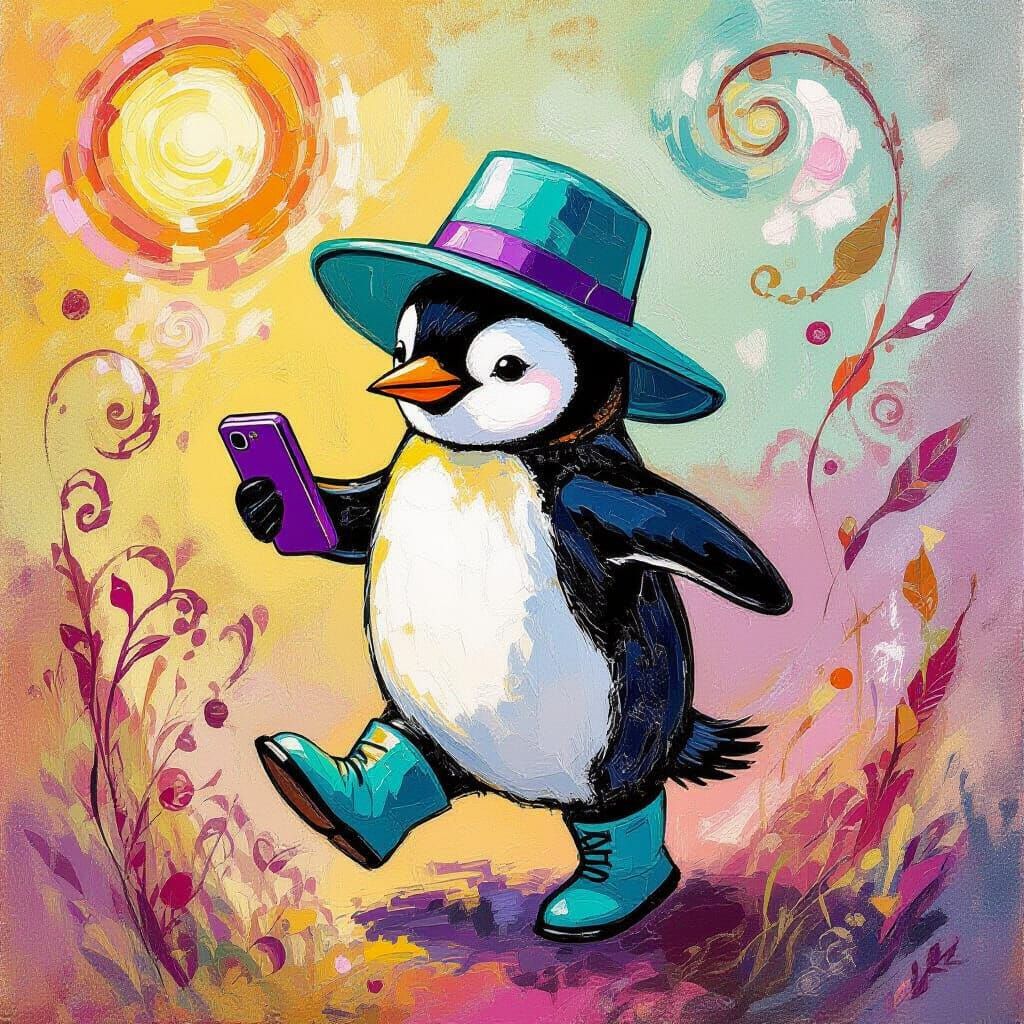 Dancing Penguin in Safari Hat, Post-Impressionist Impasto