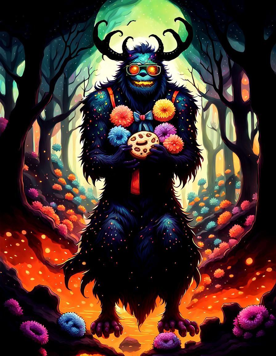 Fluffy Monster Eating Cookie in Neon Manga Style