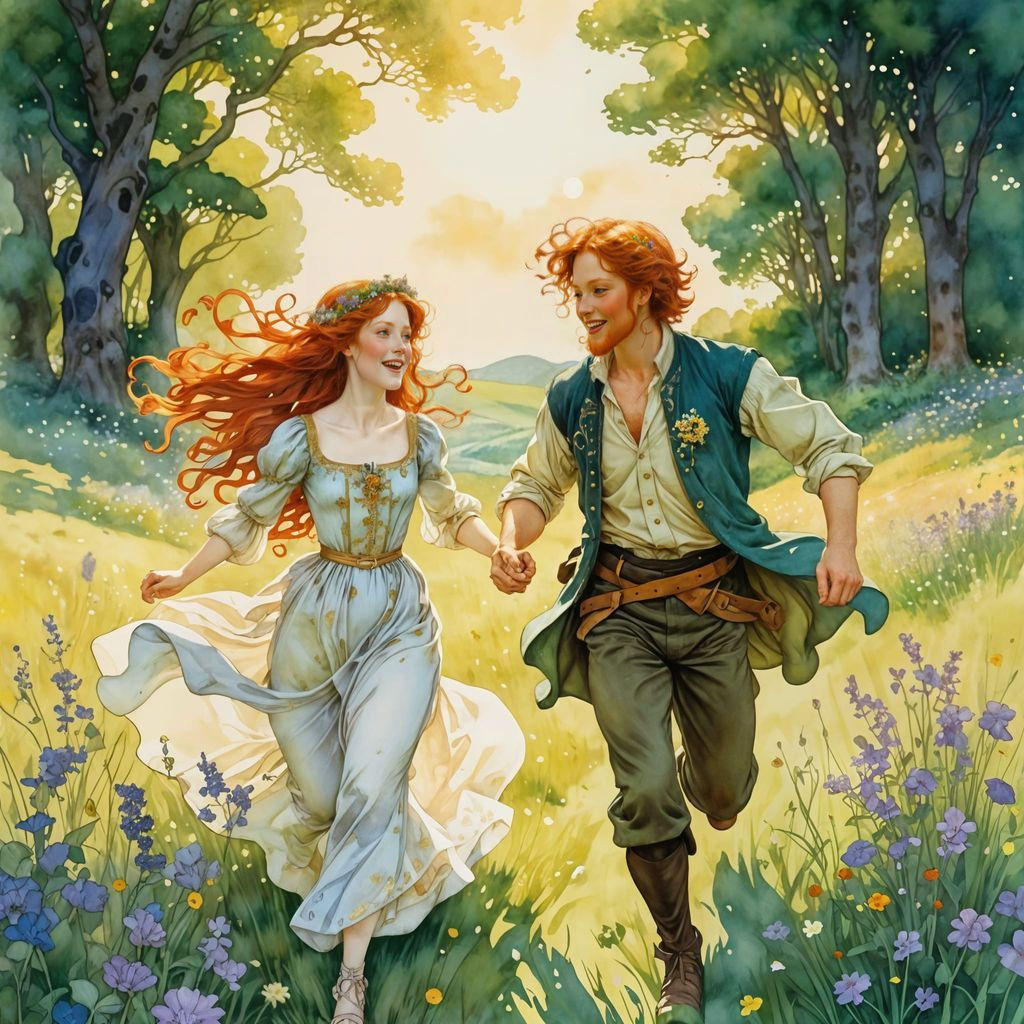 Redhead Royalty in Sunlit Meadow: Klimt-Inspired Watercolor