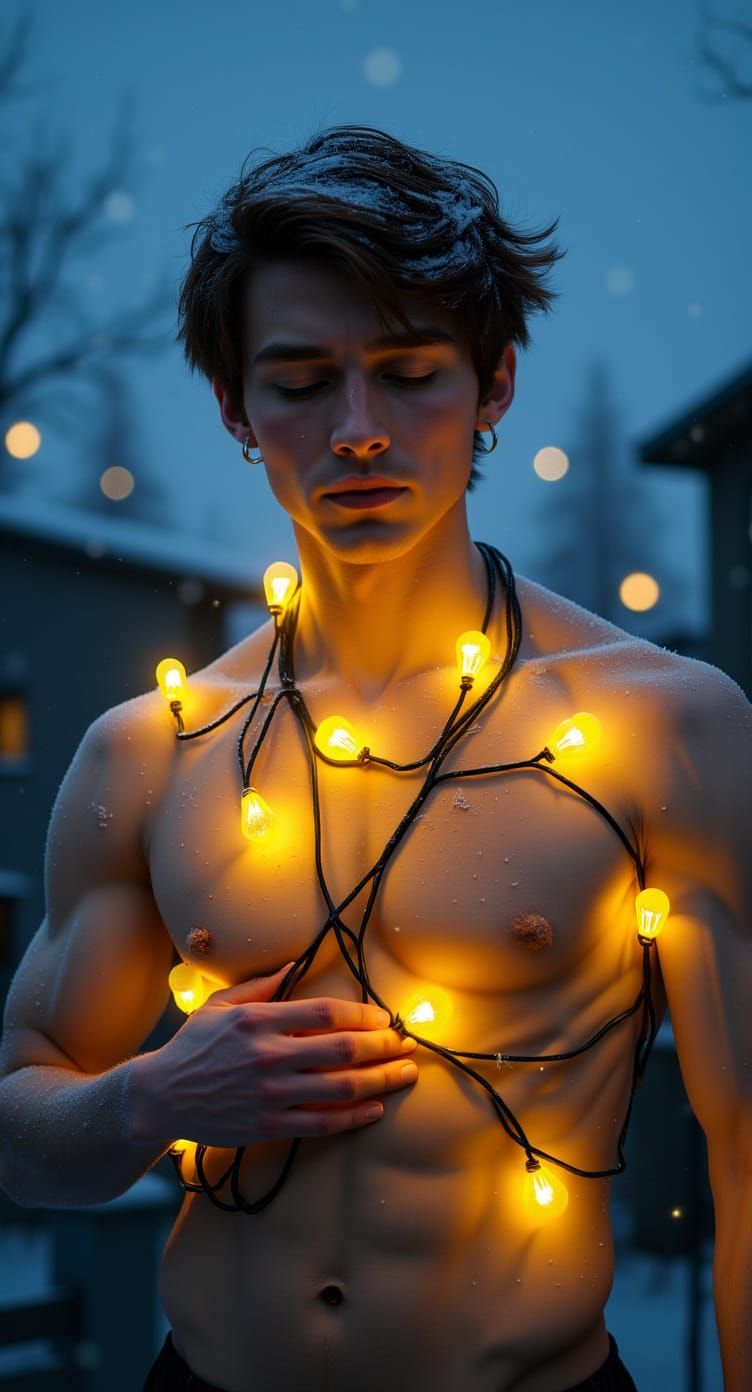 Man in Snow with Fairy Lights, Editorial Portrait