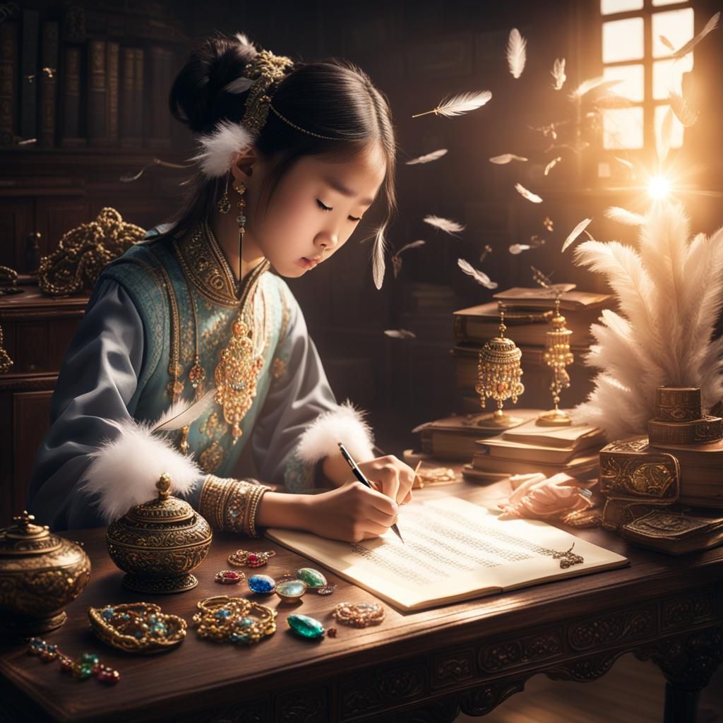 Chinese Girl Writing a Novel with Feather Pen