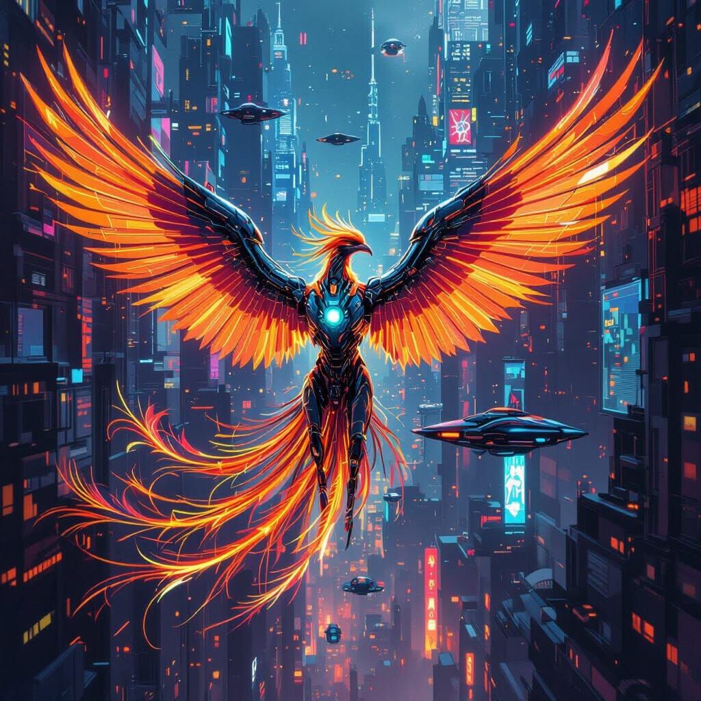 Cyborg Phoenix Soaring Through Neon Cityscape