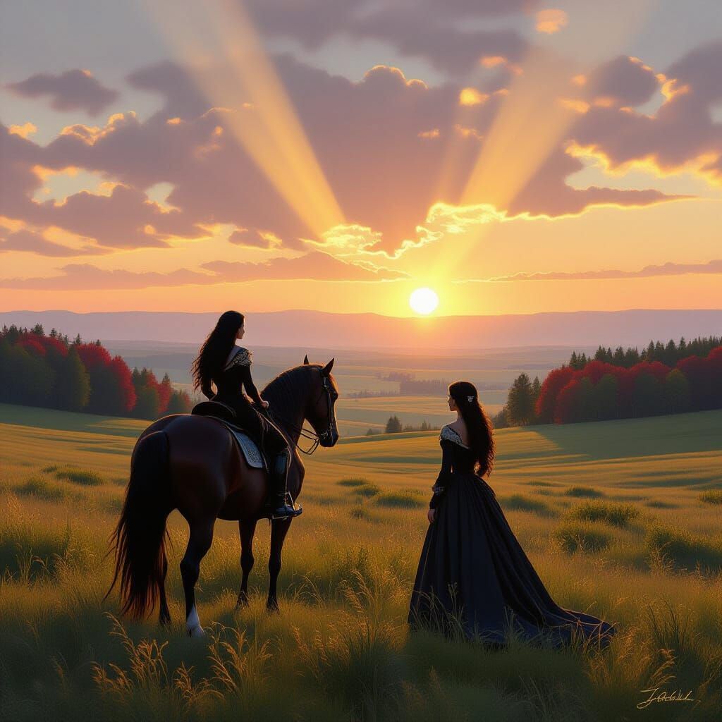 Raven-Haired Woman and Horse at Sunrise Prairie