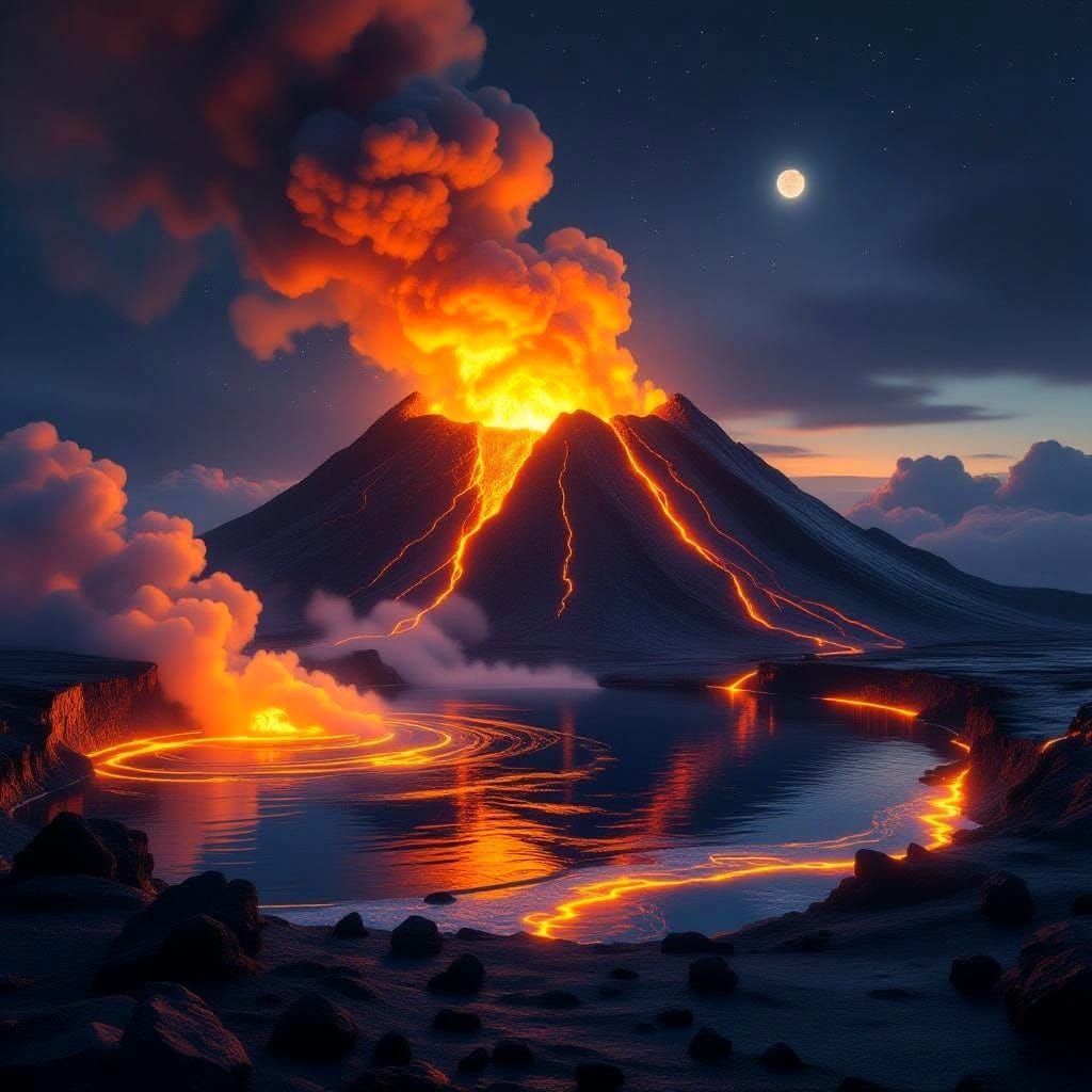 Fire and Water Lochs on Neptune Volcano Landscape