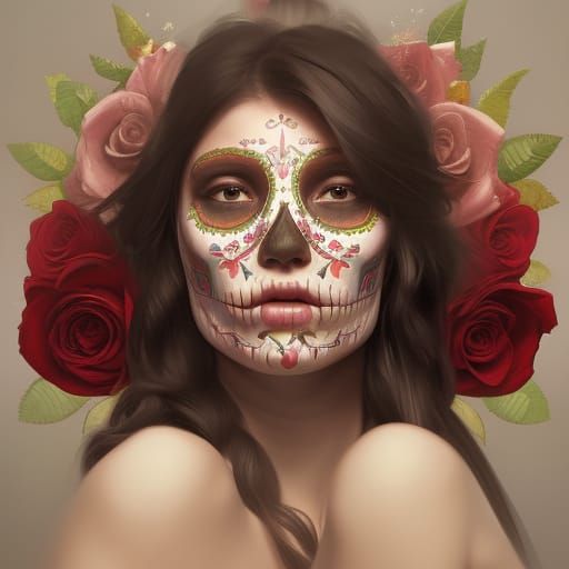 Detailed Sugar Skull with Roses in Art Nouveau Style