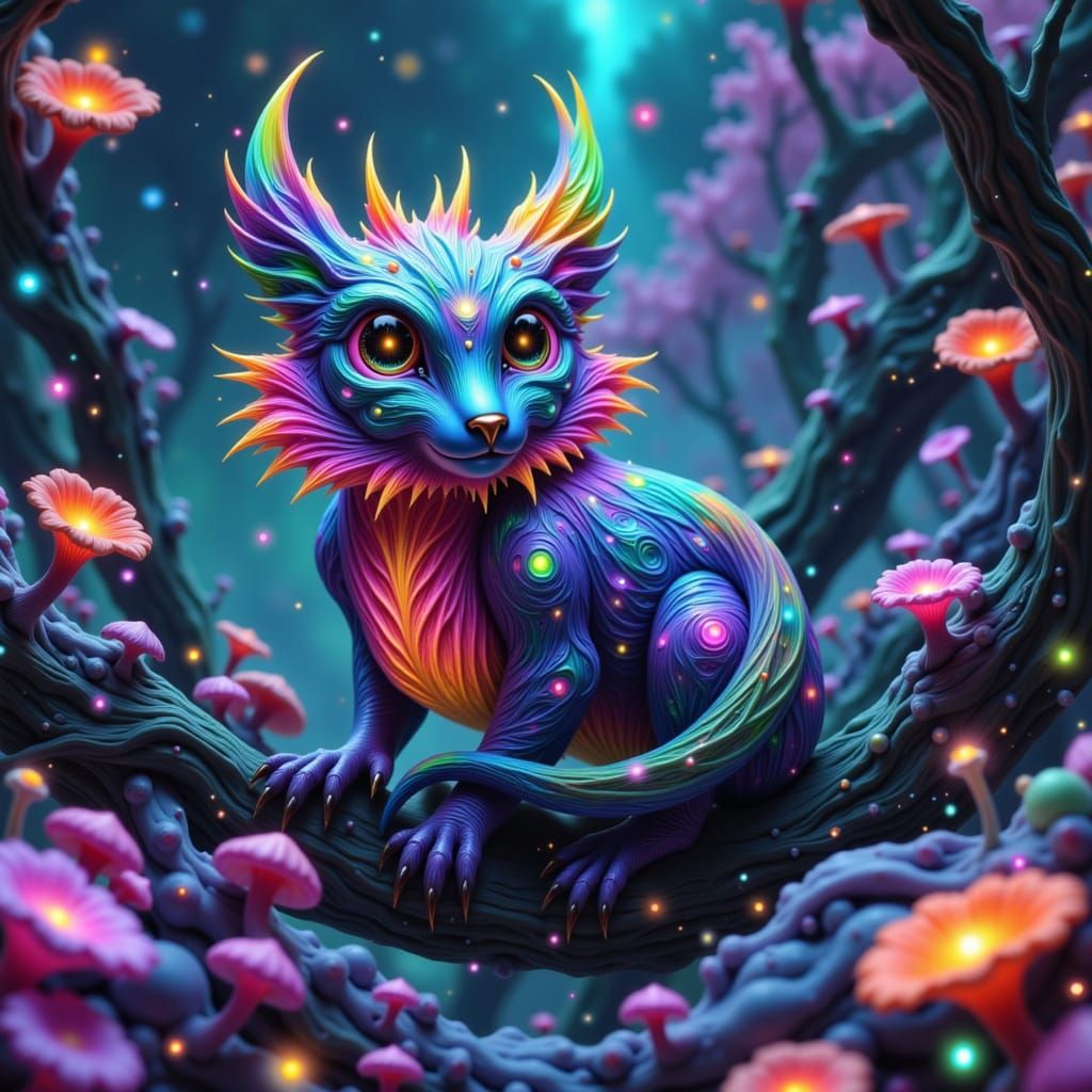 Bioluminescent Creature in Lush Alien Forest - Manga Art