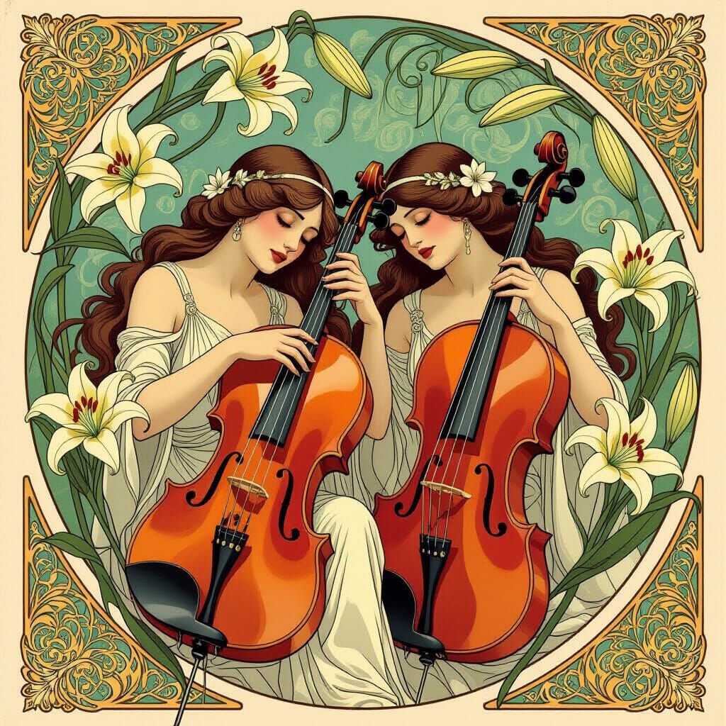 Art Nouveau Violins and Lilies