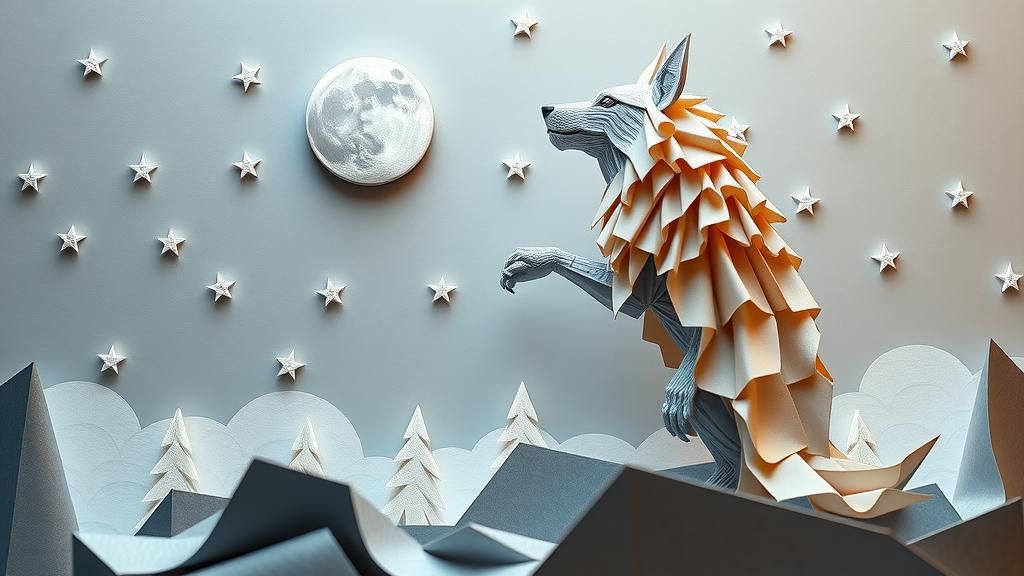 Hyperreal Comic Werewolf Origami Under Moon