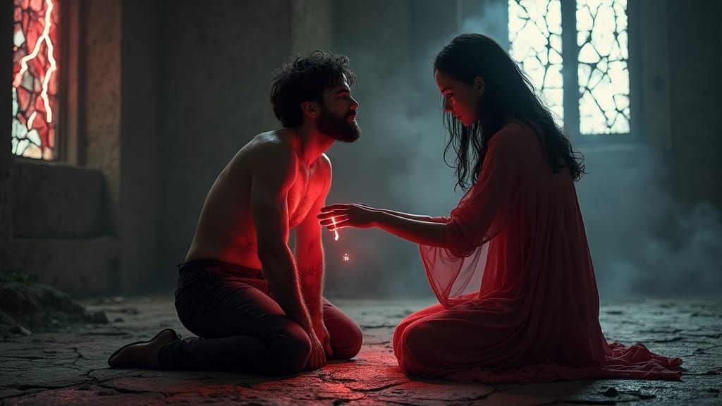 Man Transfixed by Red Lightning in Abandoned Cathedral