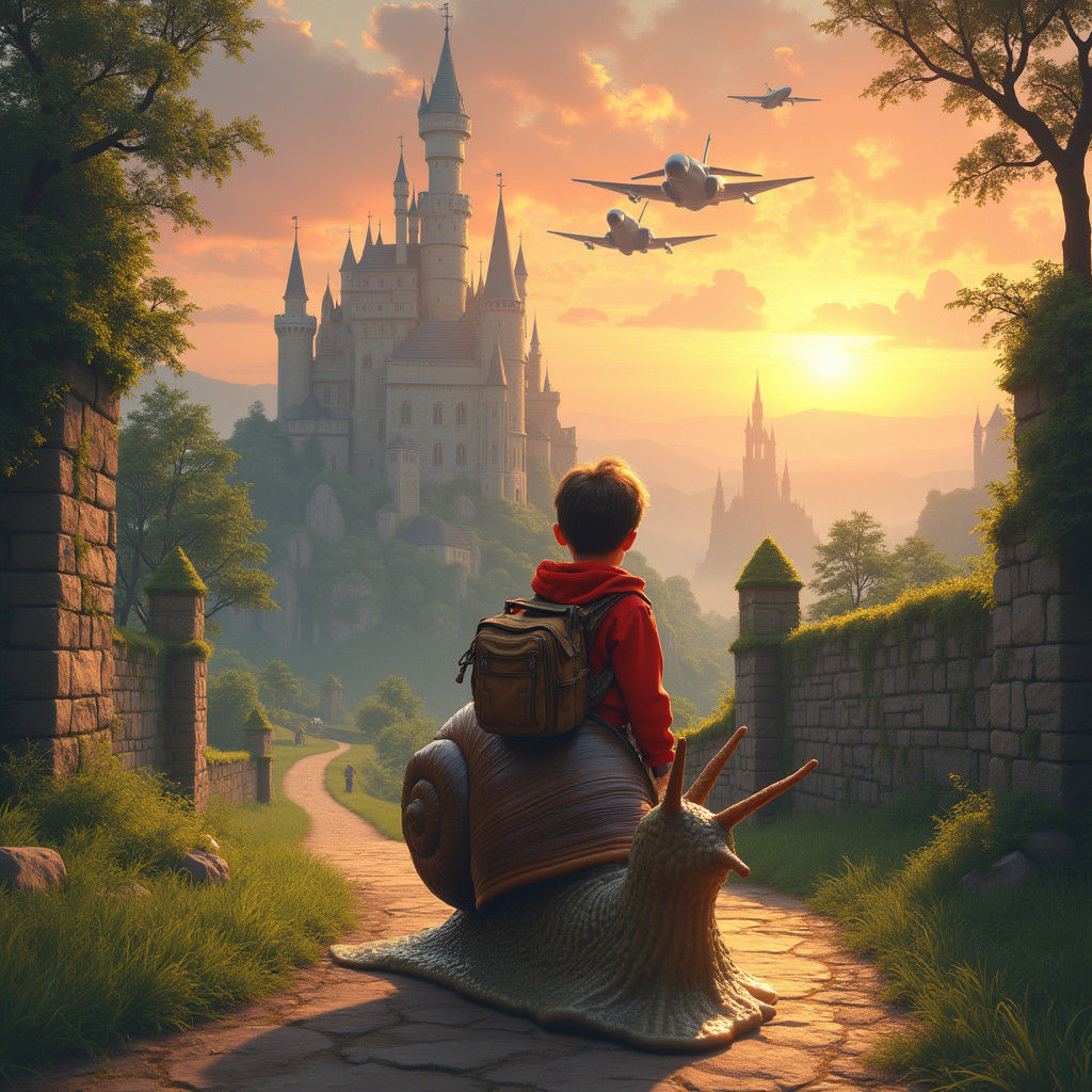 Boy Rides Giant Snail to Castle: Matte Painting