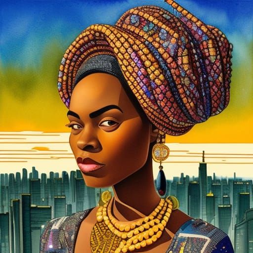 Elegant Woman with Jug, Gouache Watercolor Painting