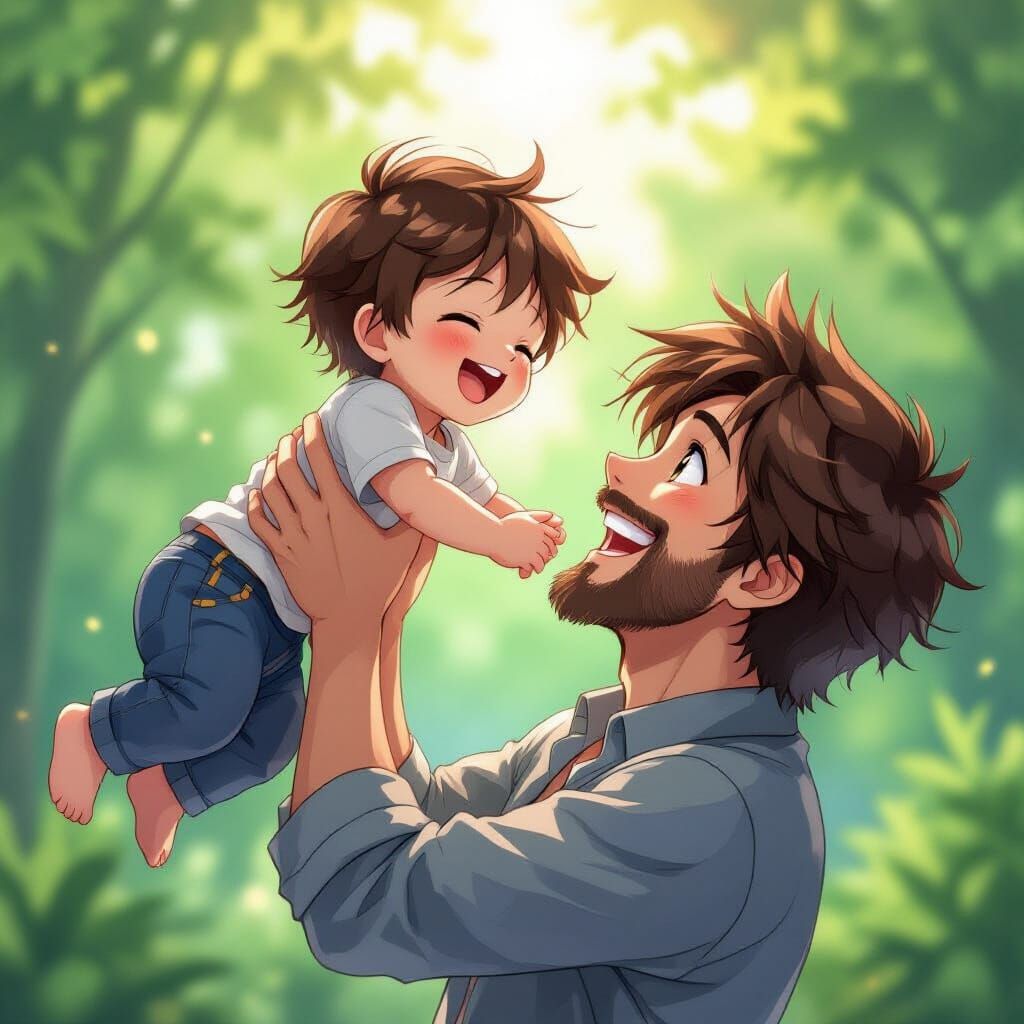 Michael Afton Lifting Baby Joyfully in Anime Style