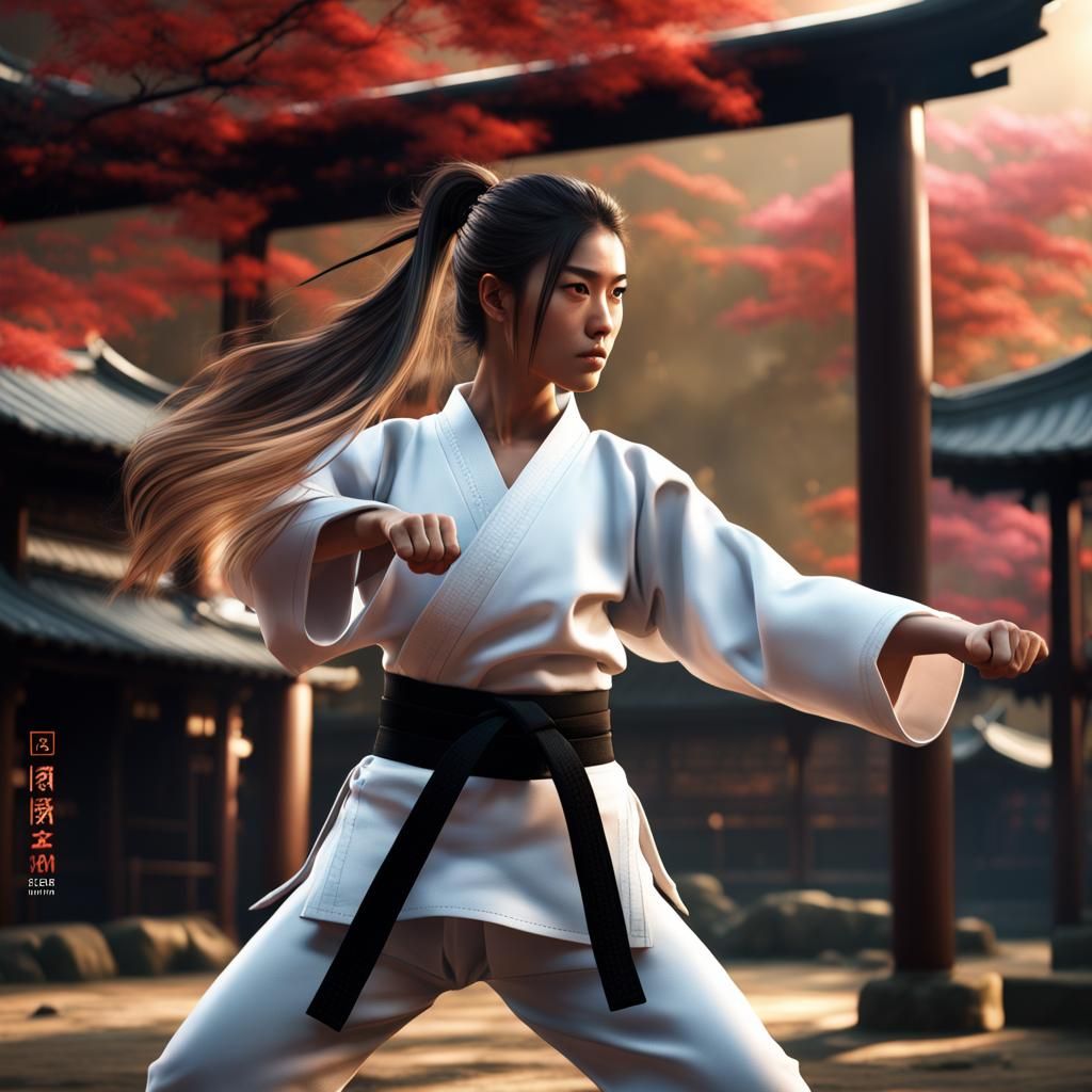 Japanese Girl Practicing Karate in Detailed Matte Painting
