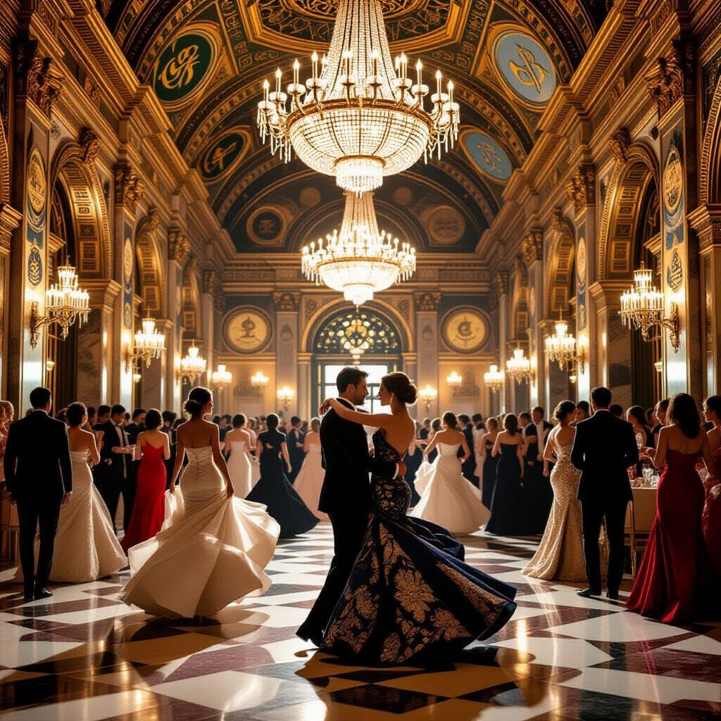 Opulent Ballroom Dance Under Gold Coin Chandeliers