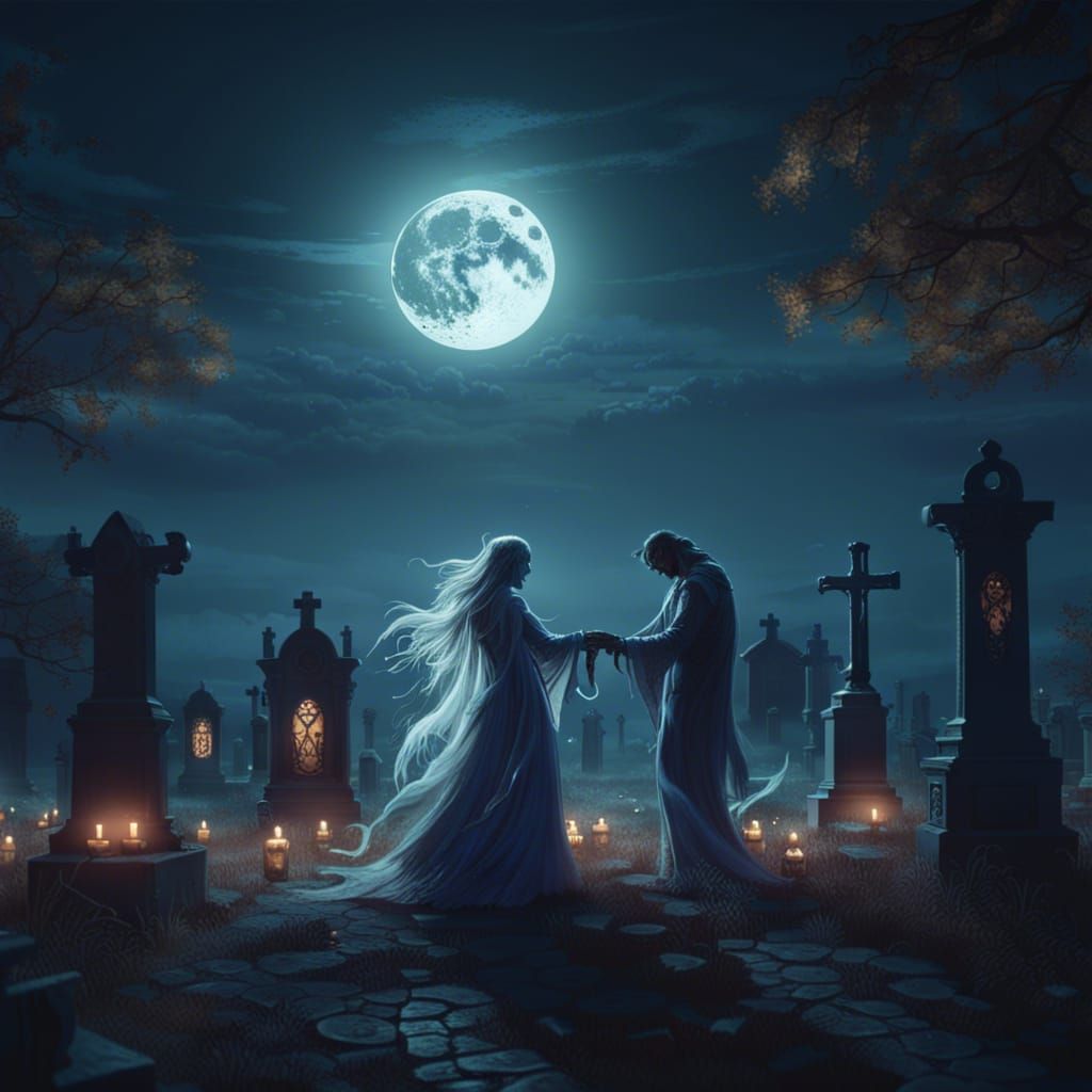 Ghost lovers dancing under moonlight in graveyard