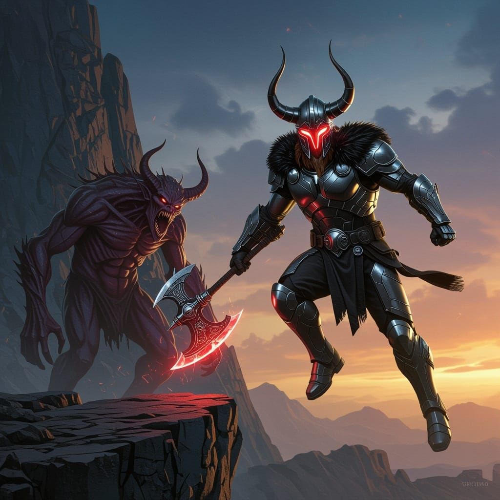 Viking Warrior Leaps into Battle with Cybernetic Armor