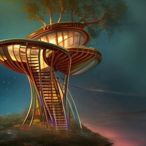 Futuristic Biopunk Treehouse on Redwood: Digital Matte Paint...