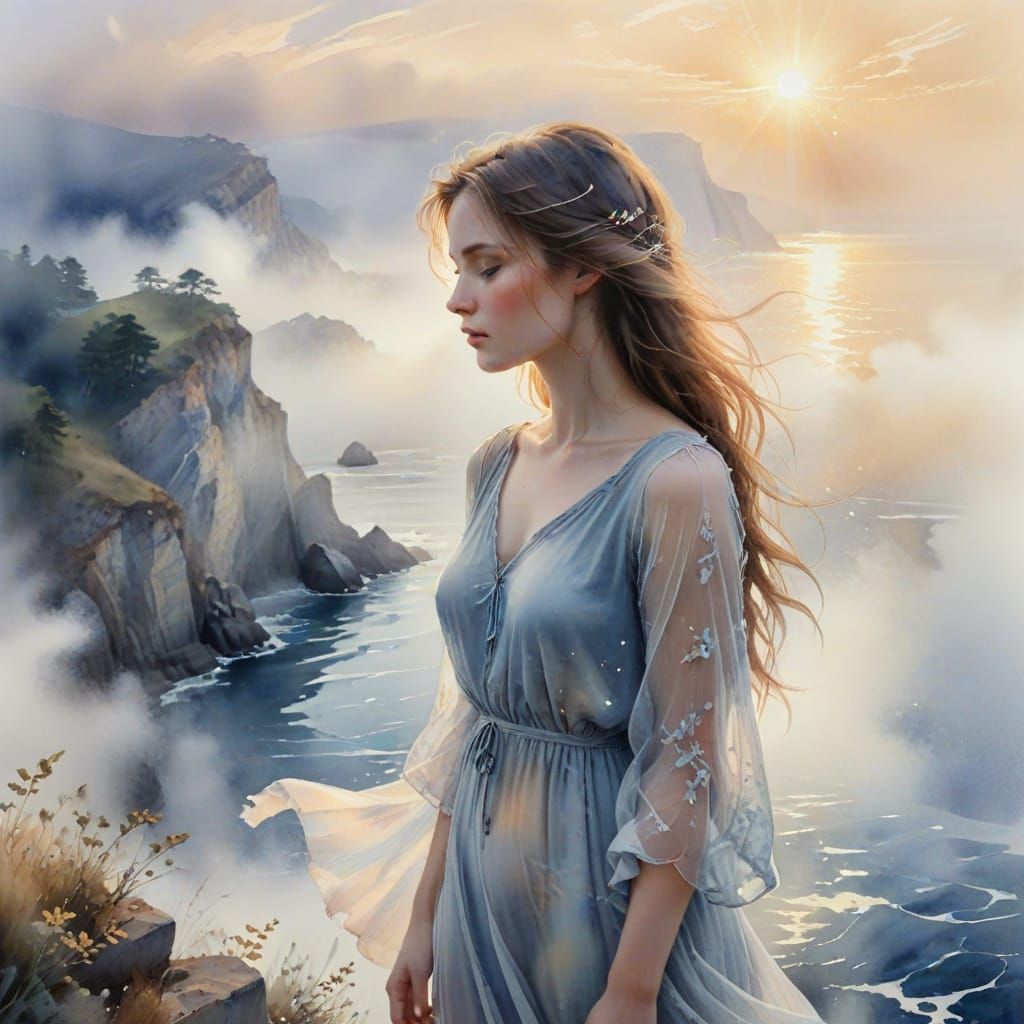 Ethereal Woman on Cliff Overlooking Foggy Ocean in Watercolo...