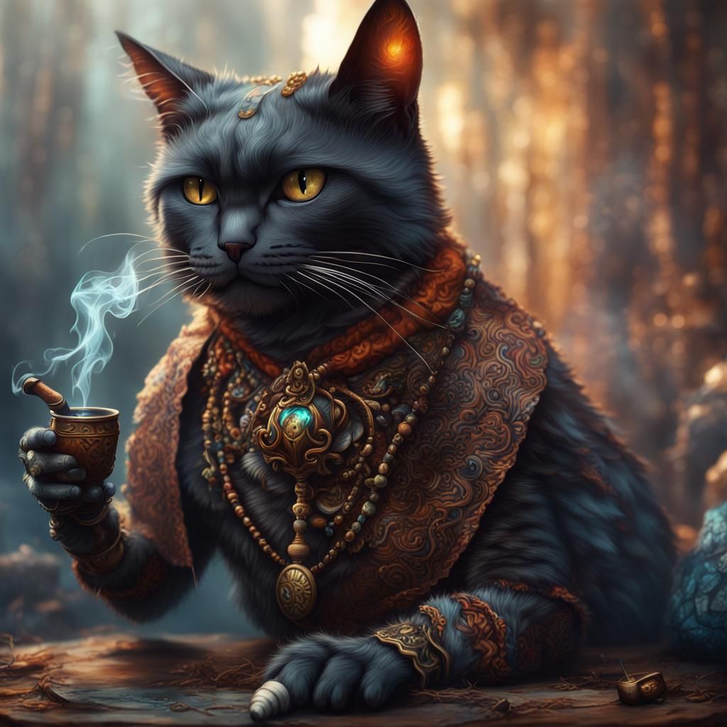 Shamanic Tortoiseshell Cat Smoking Pipe: Fantasy Art