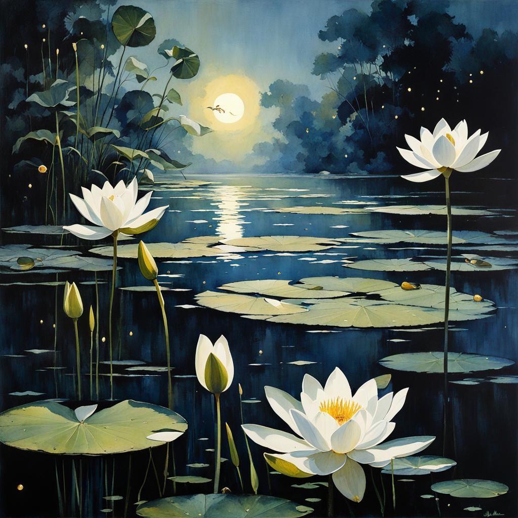Water Lilies in Moonlight with Fireflies: Watercolor Art
