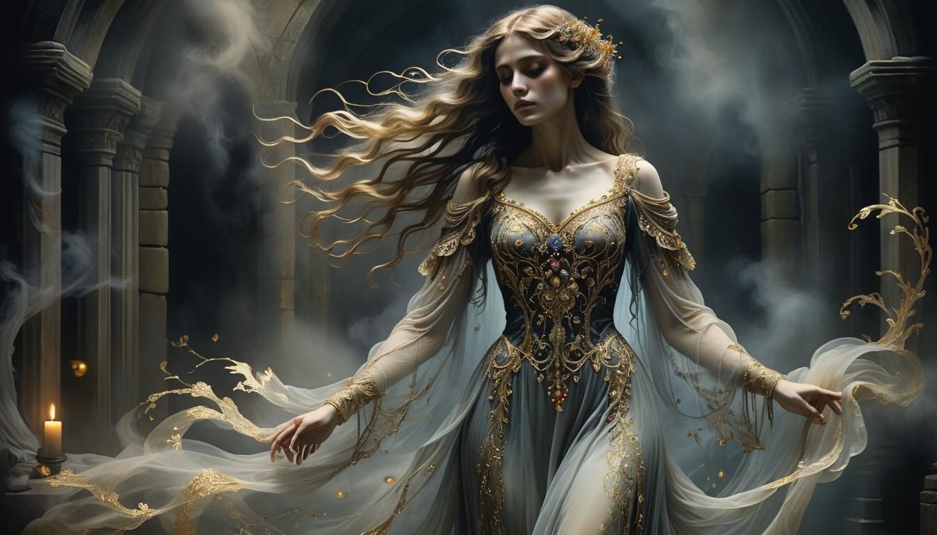 Elegant Woman in Crypt: A Dark Fantasy Art Piece