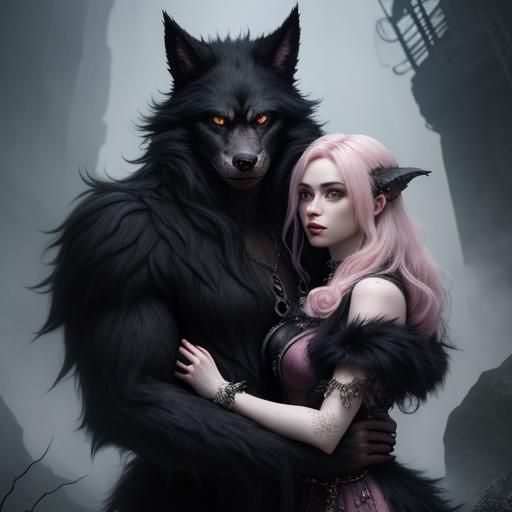 Werewolf and Pink-Haired Girl: Dramatic Digital Painting