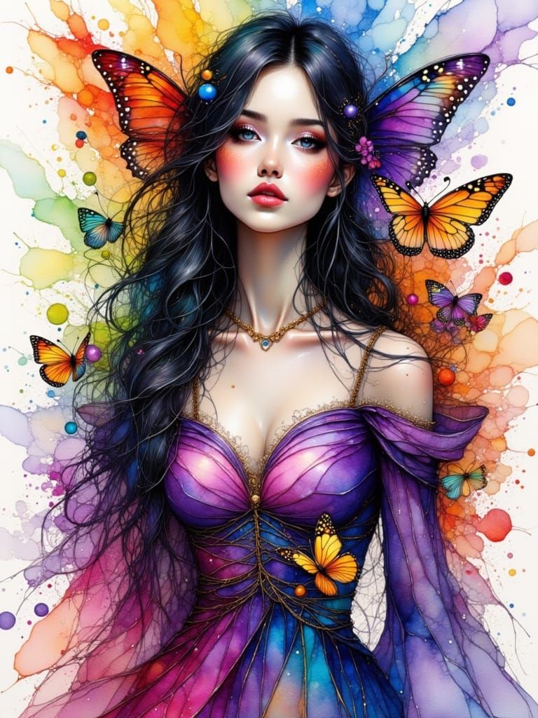 Beautiful Woman in Watercolor with Alcohol Ink Details