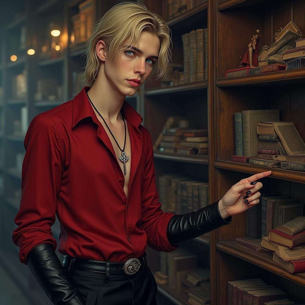 Elegant Young Man Browsing Occult Shop in Moody Cyberpunk St...