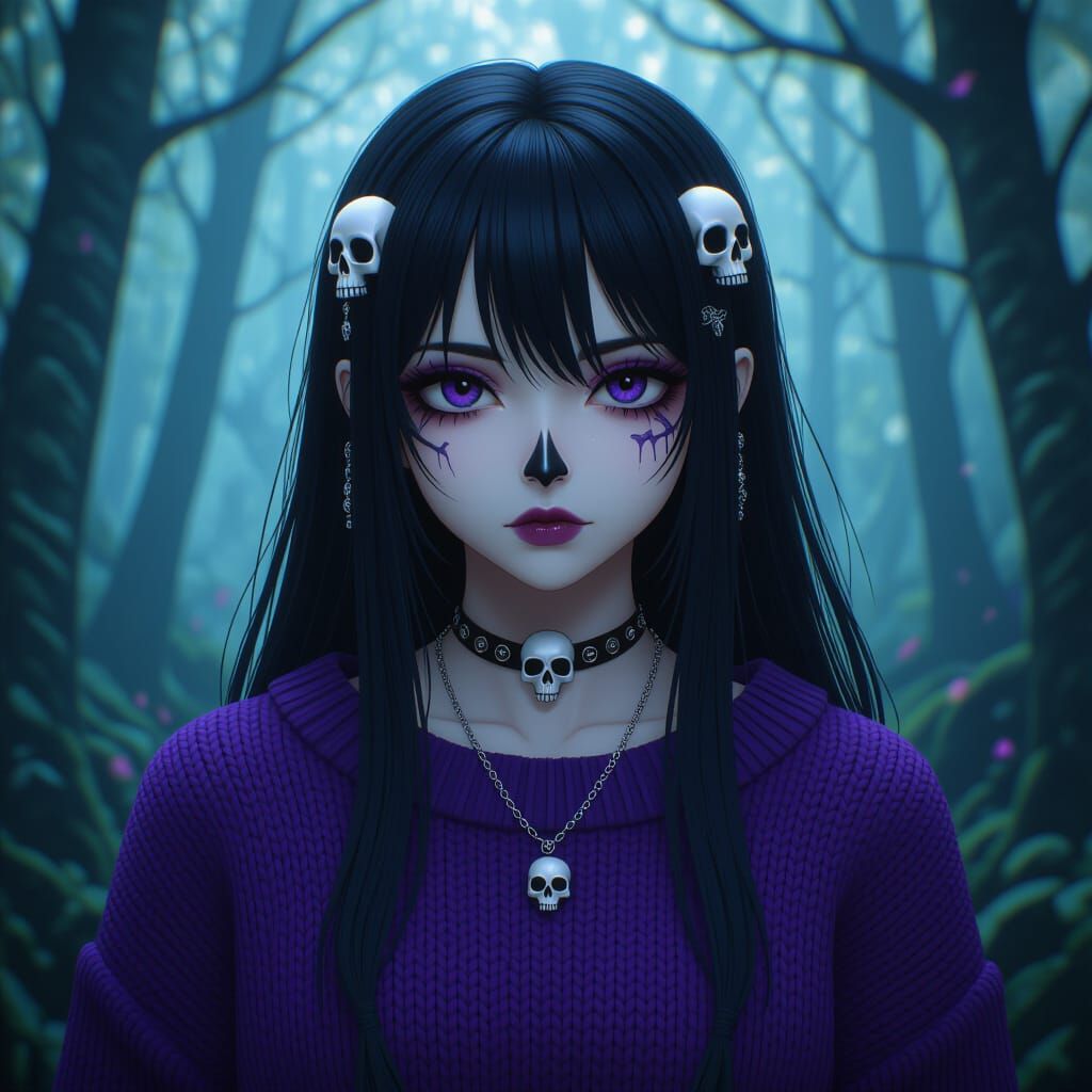 Anime Skull Girl in Creepy Forest: Detailed Matte Painting