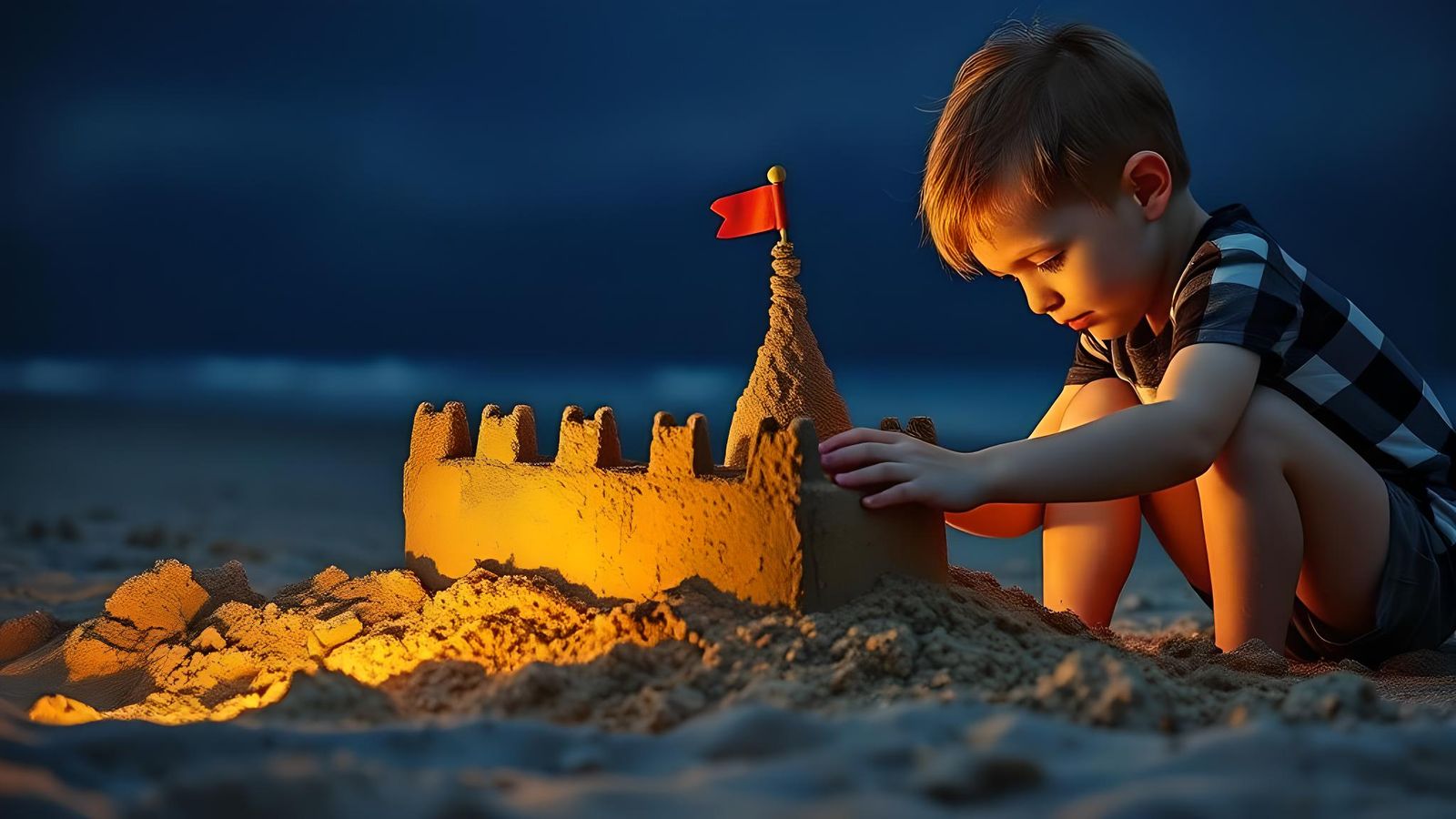 Child Building Sandcastle in Dutch Golden Age Style
