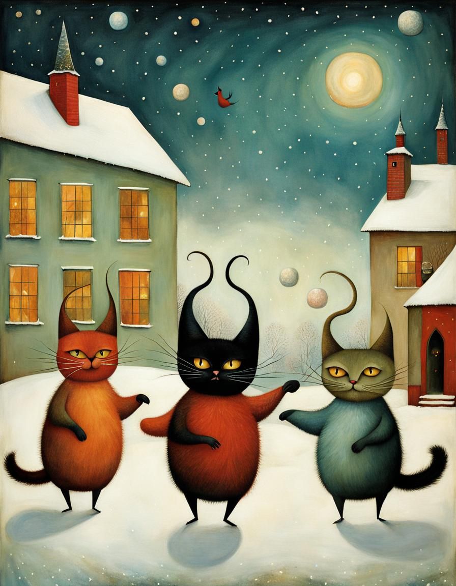 Catlike little monsters playing in the snow.