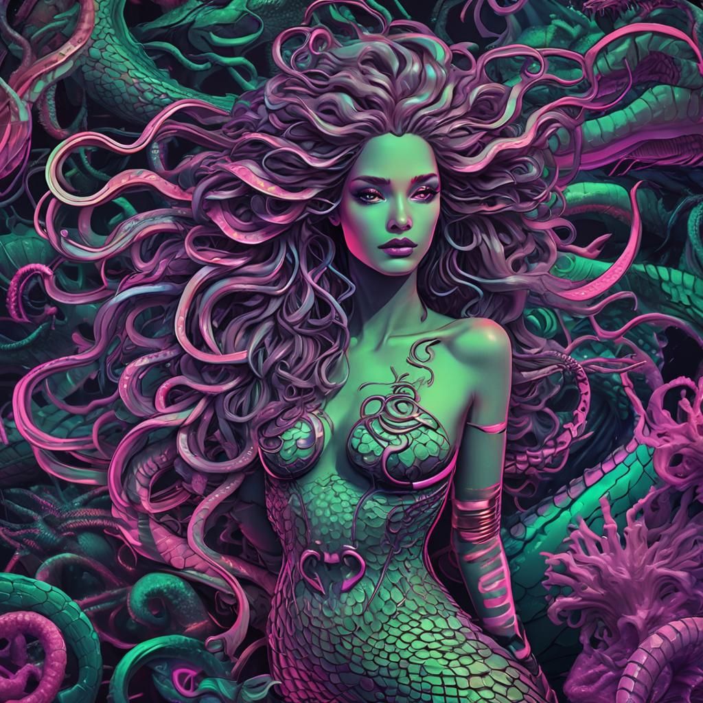 Medusa Mermaid in Synthwave Neon Retro Style