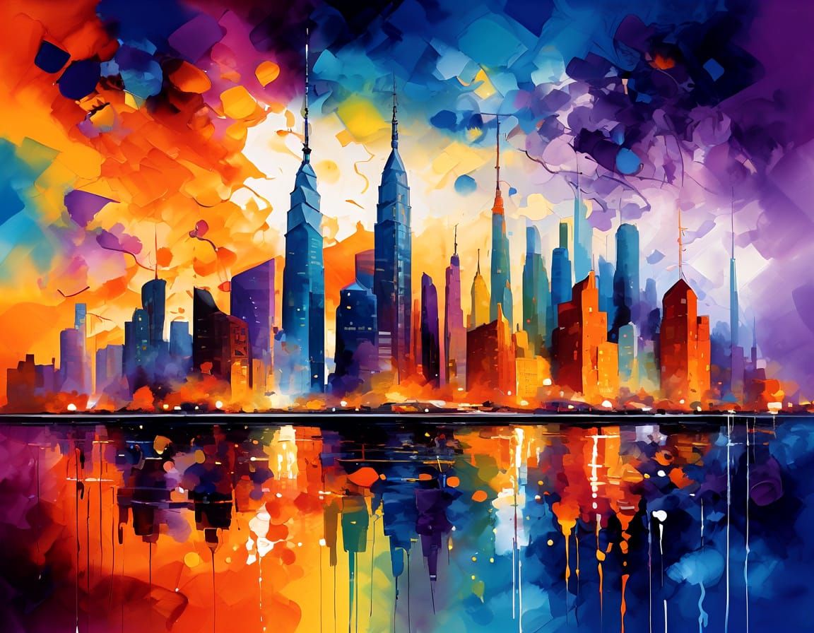Urban Metropolis Unfolds in Vibrant, Liquid Colors