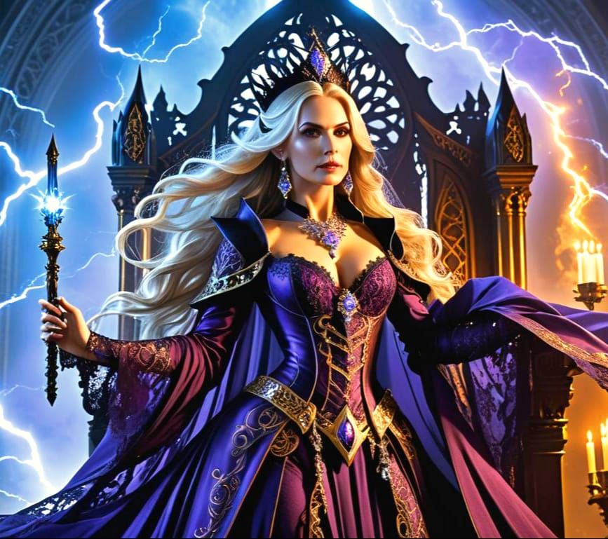 Sorceress Casting Spell in Gothic Throne Room