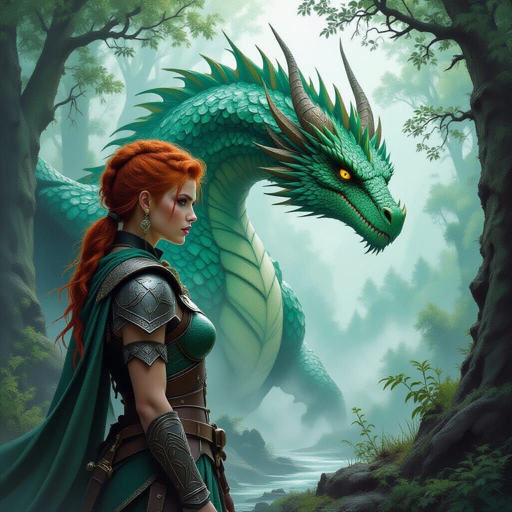Viking Woman and Emerald Dragon in Mystical Forest