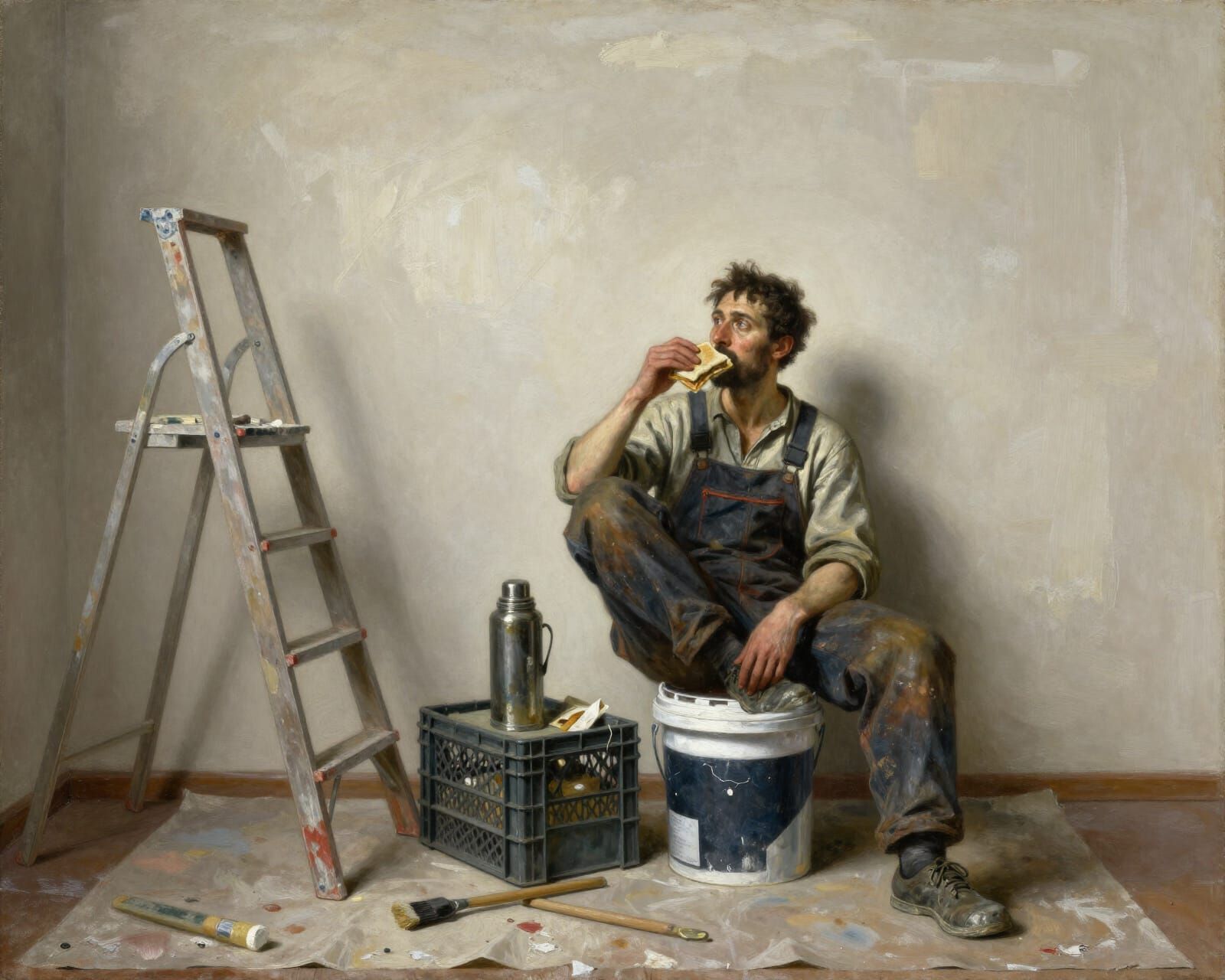 Painter's Mundane Lunch Break: Classical Oil Painting Style