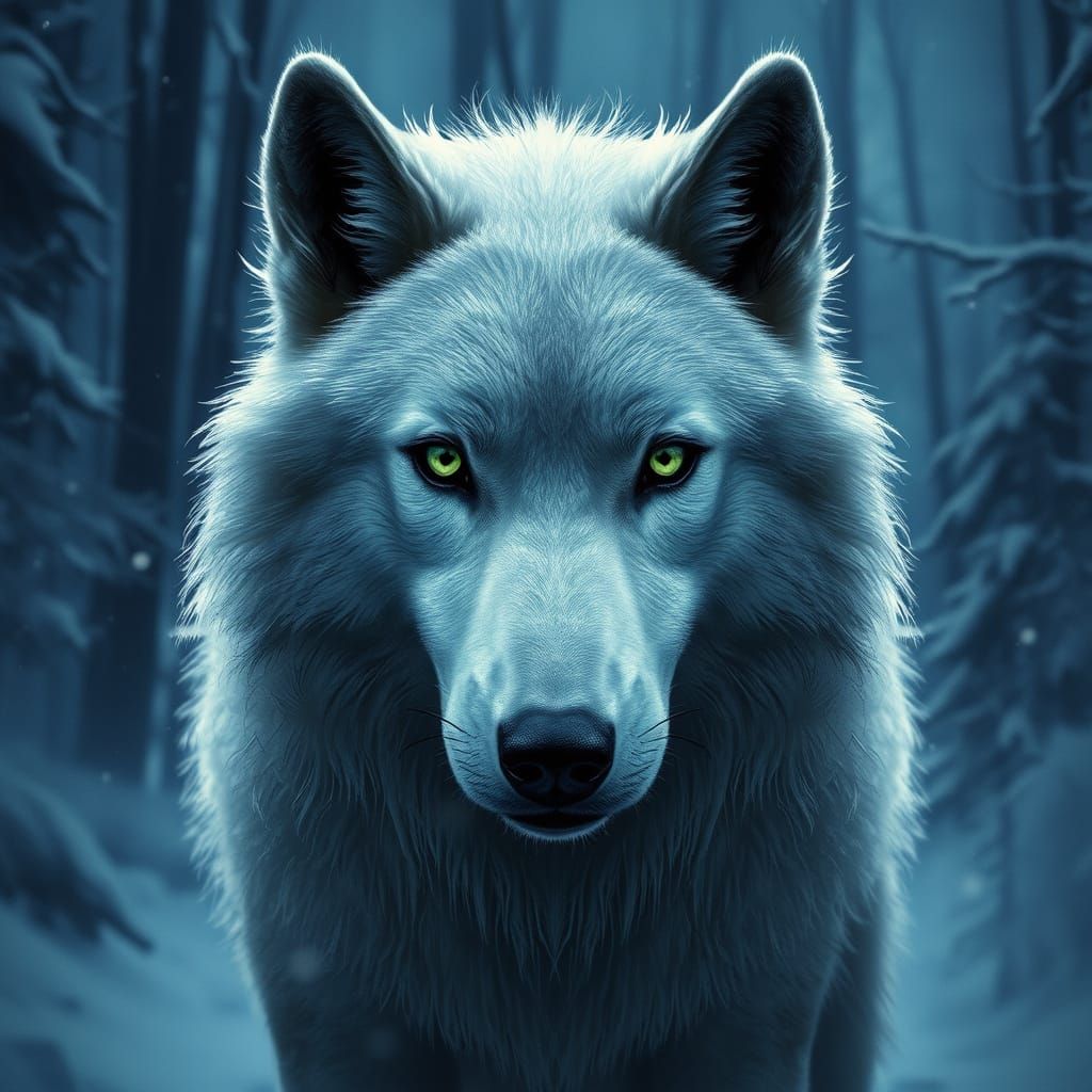 Majestic White Wolf in Snowy Forest at Night