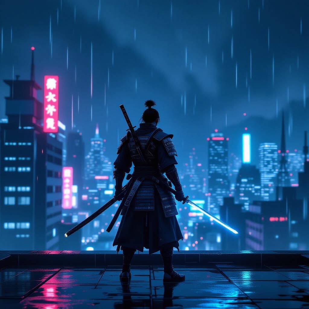 Cyberpunk Samurai on Rooftop Overlooking Neon City