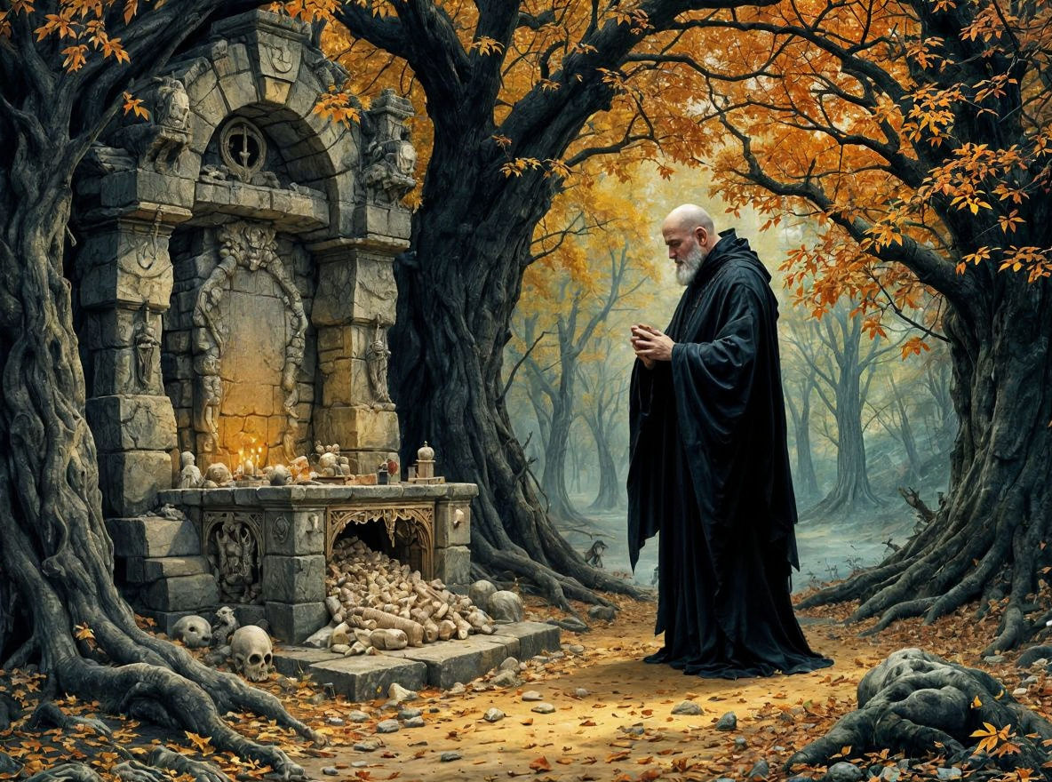 Fantasy Cleric Praying Before Bone Altar in Autumn Grove