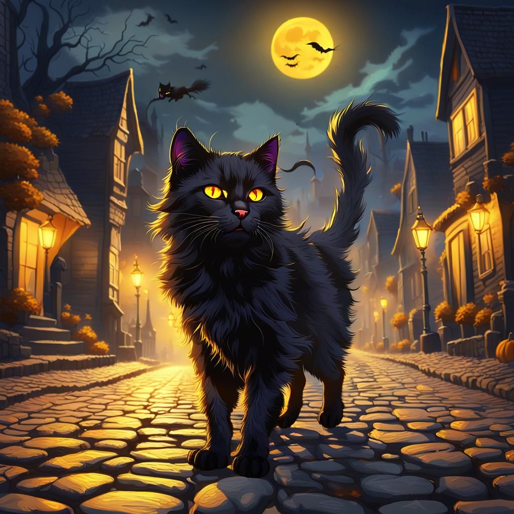 Black Cat on Halloween: Hyper-Realistic Concept Art