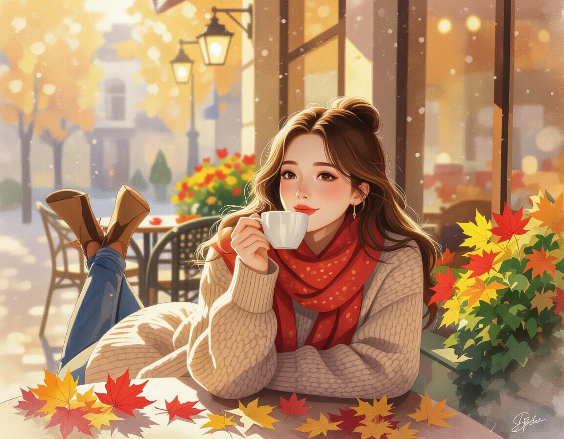 Autumn Woman in Garden, Watercolor Sfumato Style