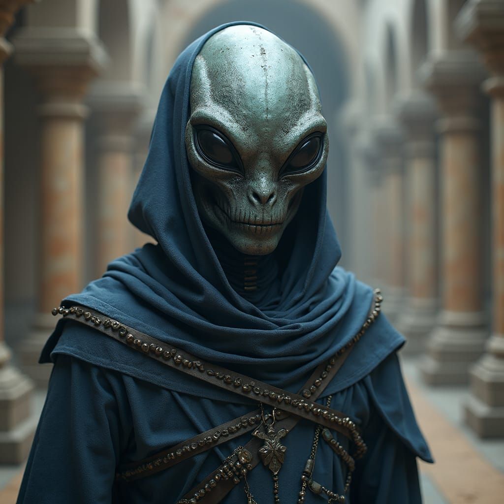 Masked Alien Creature in Sci-Fi Temple