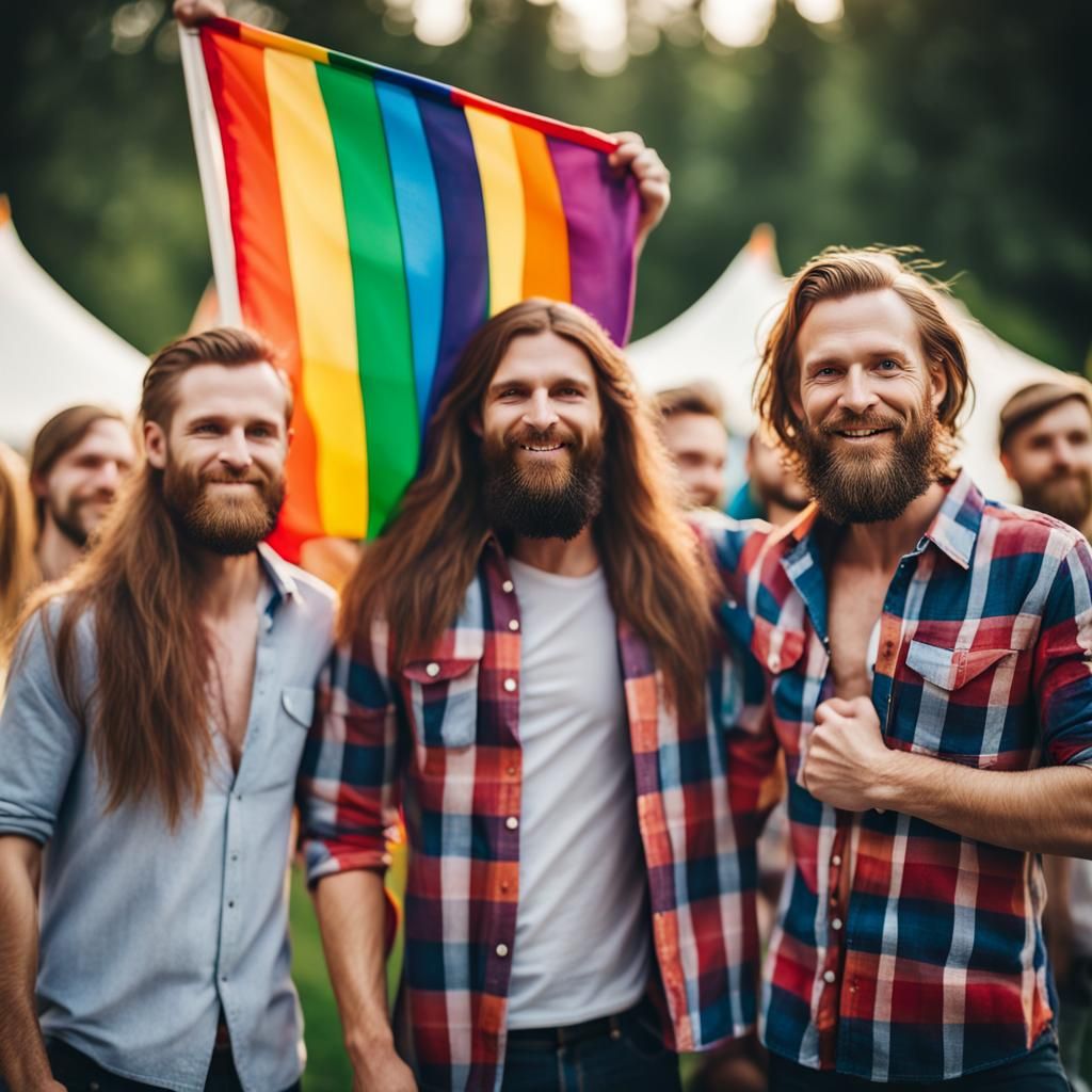 Happy Men Holding Rainbow Flag in Natural Light