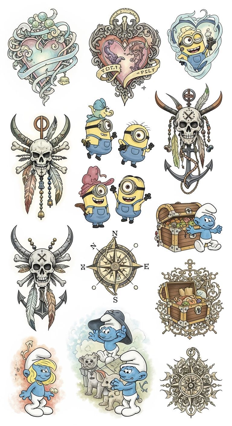 Colorful Flash Tattoo Sheet with Fantasy and Cartoon Element...